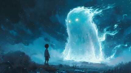Fototapeta premium In a surreal, fantastical setting, a young child faces a towering, ethereal water spirit emanating a soft, otherworldly glow.