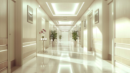 hospital corridor lined with closed doors leading to patient rooms, with bright lighting and clefloors, symbolizing the dedicated and professional environment of medical professionals 