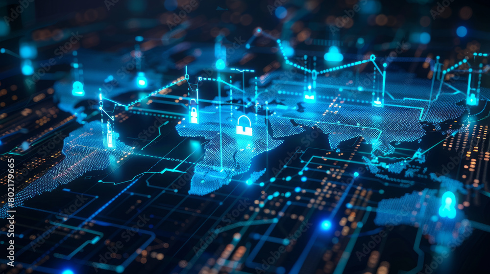 Poster exploring global security measures through digital locks on world map to protect against cyber threa