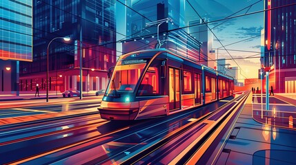A stylized graphic perspective of a streetcar navigating through city streets, with dynamic angles and vibrant colors adding a contemporary flair