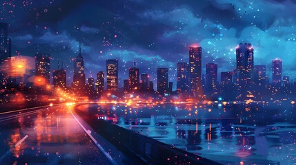 A neon-lit futuristic cityscape reflects vividly in the calm waters, showcasing a vibrant mix of technology and urban architecture at night.