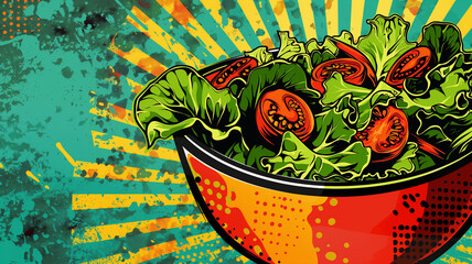 Pop art Salad. Colorful background in pop art retro comic style. Healthy and diet food 