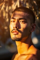 Portrait of a handsome young man with a beard and mustache in the sunset light