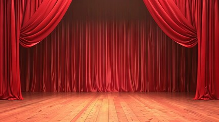 Stage backdrop and red curtains in theatre background with space for copy