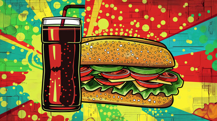 Pop art Sandwich and cola. Colorful background in pop art retro comic style. Snack food
