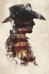 Double Exposure image of a Cowboy and the American Flag. 4th July Independence Day theme.