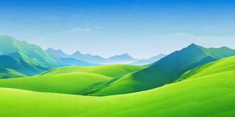 abstract illustration featuring green landscape, sky, and mountains