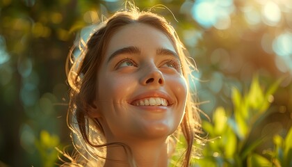 The girl is smiling happily With fresh air in the morning. 