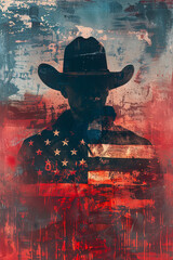 Double Exposure image of a Cowboy and the American Flag. 4th July Independence Day theme.