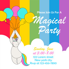 Cute unicorn with balloons illustration for party invitation card template