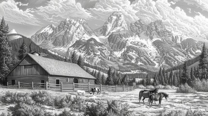 Engraving of a ranch in the mountains with horses grazing in the field