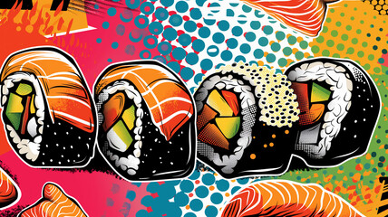 Pop art Sushi. Colorful background in pop art retro comic style. Japanese food