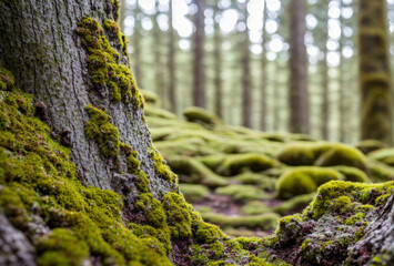 Close-up view of vibrant green moss and grey lichen on a rugged tree trunk. AI generated.