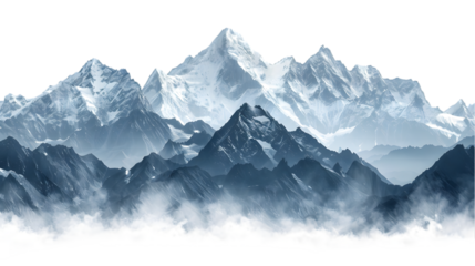 Majestic mountain peaks with snow-capped summits isolated on a transparent background