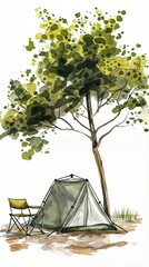 Vertical AI illustration watercolor of camping setup under a tree. Hobbies, entertainments concept.