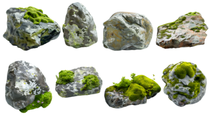 mossy rocks, collection of overgrown stones isolated on a transparent background