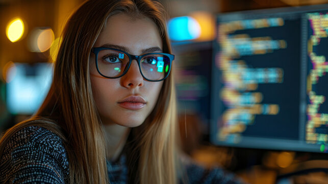 A female programmer with long straight hair and glasses, focusing on writing code at her workstation.