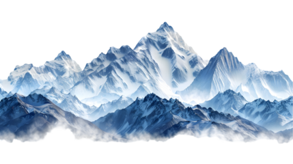 Majestic mountain peaks with snow-capped summits isolated on a transparent background