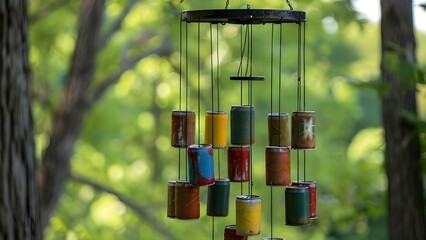Unique Wind Chime Crafted from Artfully Stacked Recycled Tin Cans. Concept Upcycled Wind Chime, Recycled Tin Can Craft, Creative DIY Project, Outdoor Garden Decor