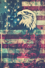 Double Exposure image of a Bald Eagle and the American Flag. 4th July Independence Day theme.