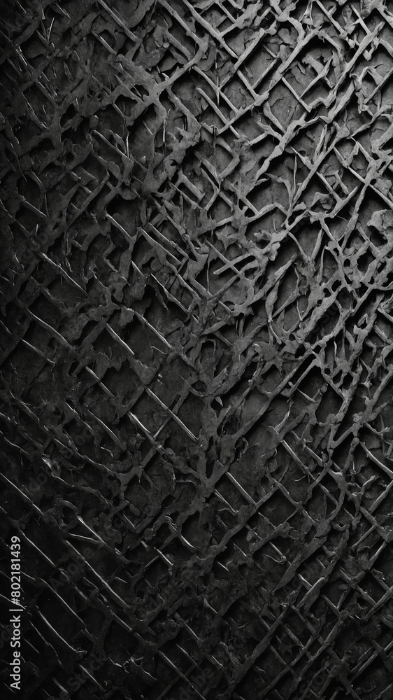 Poster dark surface covered with complex network of raised lines, creating textured, intricate pattern. lin