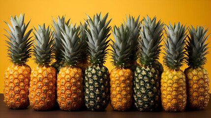 Ripe pineapples of bright yellow and green colors lie on a flat surface