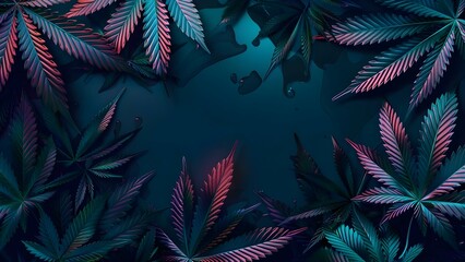 Neon Metallic Marijuana Leaf Pattern on Dark Background. Concept Marijuana Leaf Design, Neon Metallic Colors, Dark Background