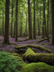 Carpet of vibrant purple wildflowers blankets forest floor, creating breathtaking contrast against lush green moss, towering trees. Fallen tree, adorned with moss, stretches across small stream.