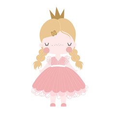 Vector illustration of a cute little girl princess. Girl in pink dress with crown. Baby girl. Queen. Miss. Lady. Isolated on a white background. Vector hand drawn illustration for children.