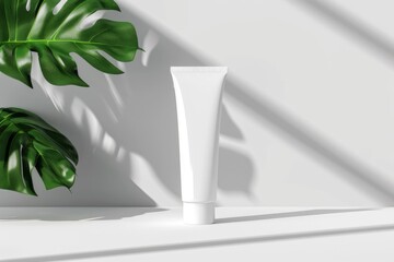 A mock up of realistic white blank cosmetic tube isolated on white and grey background with leafs of plants , 3d rendering , 3D illustration