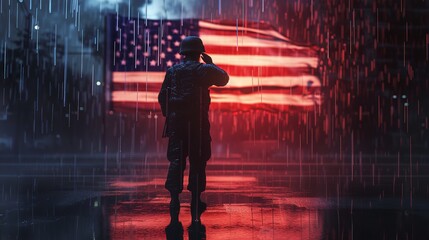 A Marine Standing in the Rain Saluting the American Flag
