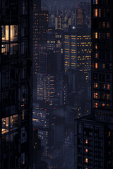 Urban skyline with skyscrapers after dark