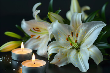 A beautiful lily and burning candle on a dark background, funeral white flowers.