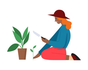 Woman holding scoop to plant green seedling in soil, girl gardening vector illustration