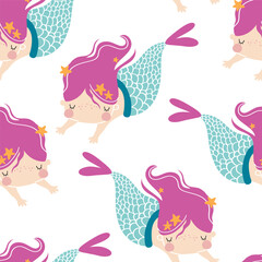 Vector seamless pattern with cute mermaids girls. Ocean, sea. Princess mermaid. Creative kids texture for fabric, wrapping, textile, wallpaper. Baby girl. Nursery. Girly print. Under the sea.