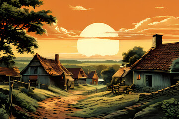 Vintage style village illustration