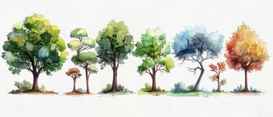 A collection of hand-drawn watercolor trees in a forest tree pack.