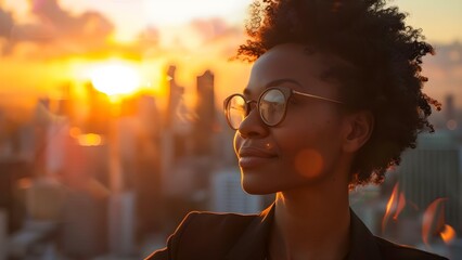 Pensive Black businesswoman in city reflecting on future investment opportunities at sunset. Concept Business Investing, Cityscape Reflections, Black Woman Entrepreneur, Sunset Silhouette Portrait