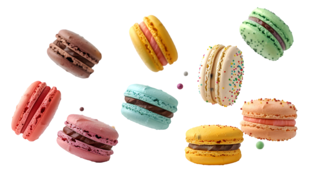 Various colorful of macarons floating on the air isolated on a transparent background