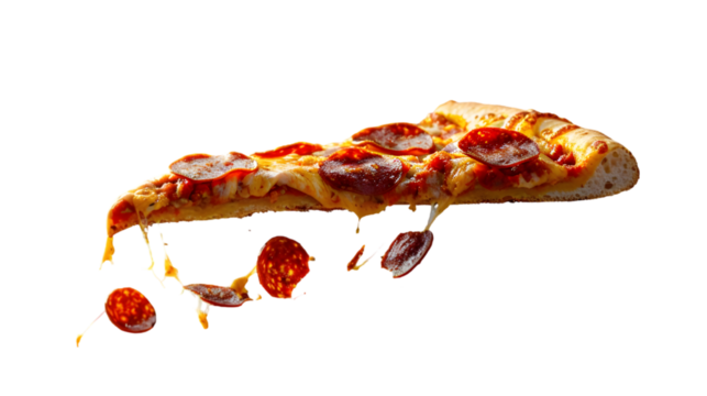 Template with delicious tasty slice of pepperoni pizza flying isolated on a transparent background