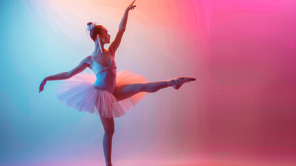 Beautiful young ballerina on color background
