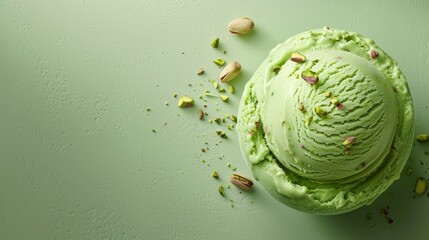 Deliciously refreshing green pistachio ice cream ball sprinkled with crushed nuts on a vibrant backdrop