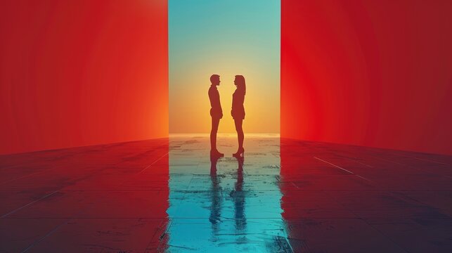 Minimalist background, two people standing opposite each other facing the camera, with contrasting colors on one side and light blue tones on another