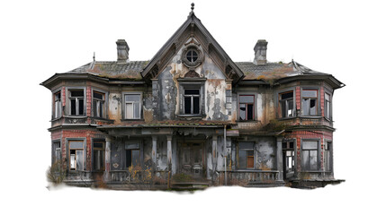 abandoned dilapidated house mansion for halloween, isolated on a transparent background