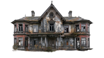 abandoned dilapidated house mansion for halloween, isolated on a transparent background