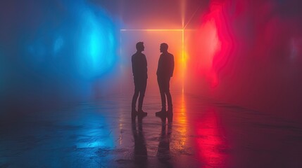 Minimalist background, two people standing opposite each other facing the camera, with contrasting colors on one side and light blue tones on another