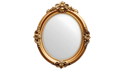 Antique round oval gold picture mirror frame isolated on a transparent background