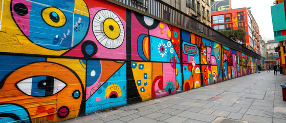 Colorful and vibrant graffiti covering an entire alleyway during the daytime, featuring vivid colors and shapes that create a visually striking and energizing atmosphere.