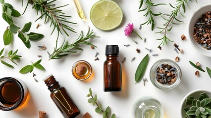 Flat Lay Composition of Essential Oils and Beauty Ingredients on a White Background. Concept Beauty...