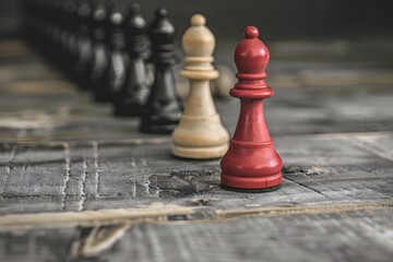 A vivid red bishop chess piece is focused in the foreground on a weathered chessboard, with other pieces blurred in the background